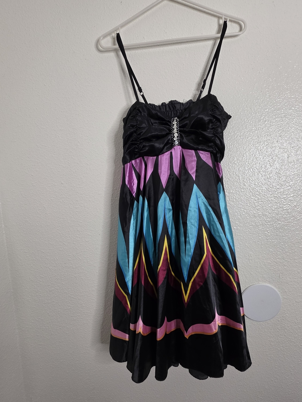 Y2K Satin Geometric Zig Zag Mini Dress Sequined Ruched Smocked Party Size S/M